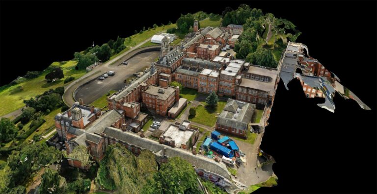 Textured 3D model of buildings, grounds and surrounding trees