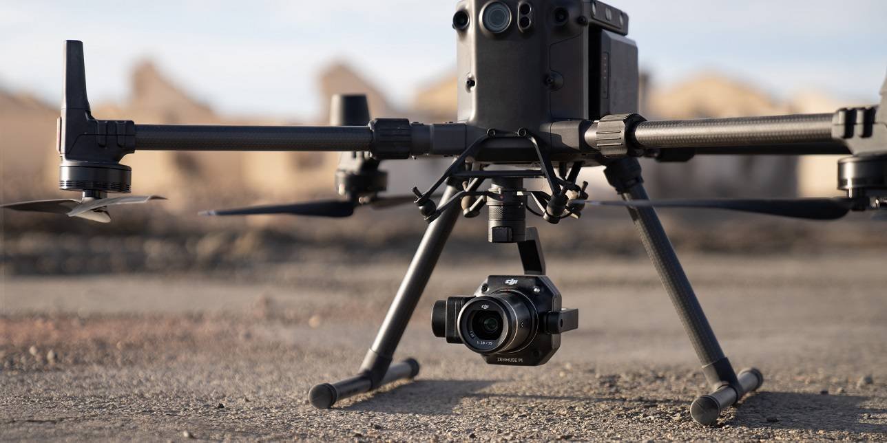 Close view of a DJI survey drone and its mounted camera